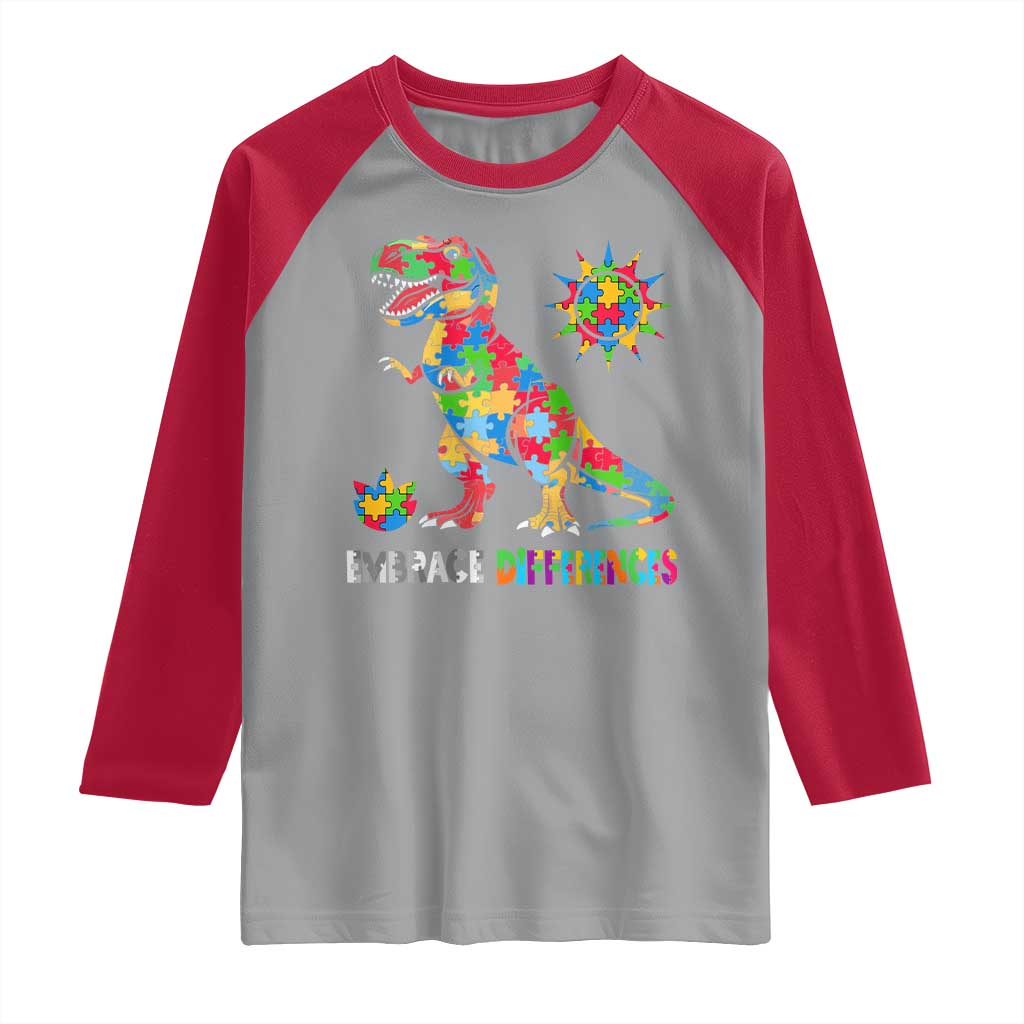 Funny Autism Awareness Embrace Differences Raglan Shirt Puzzle Dinosaur