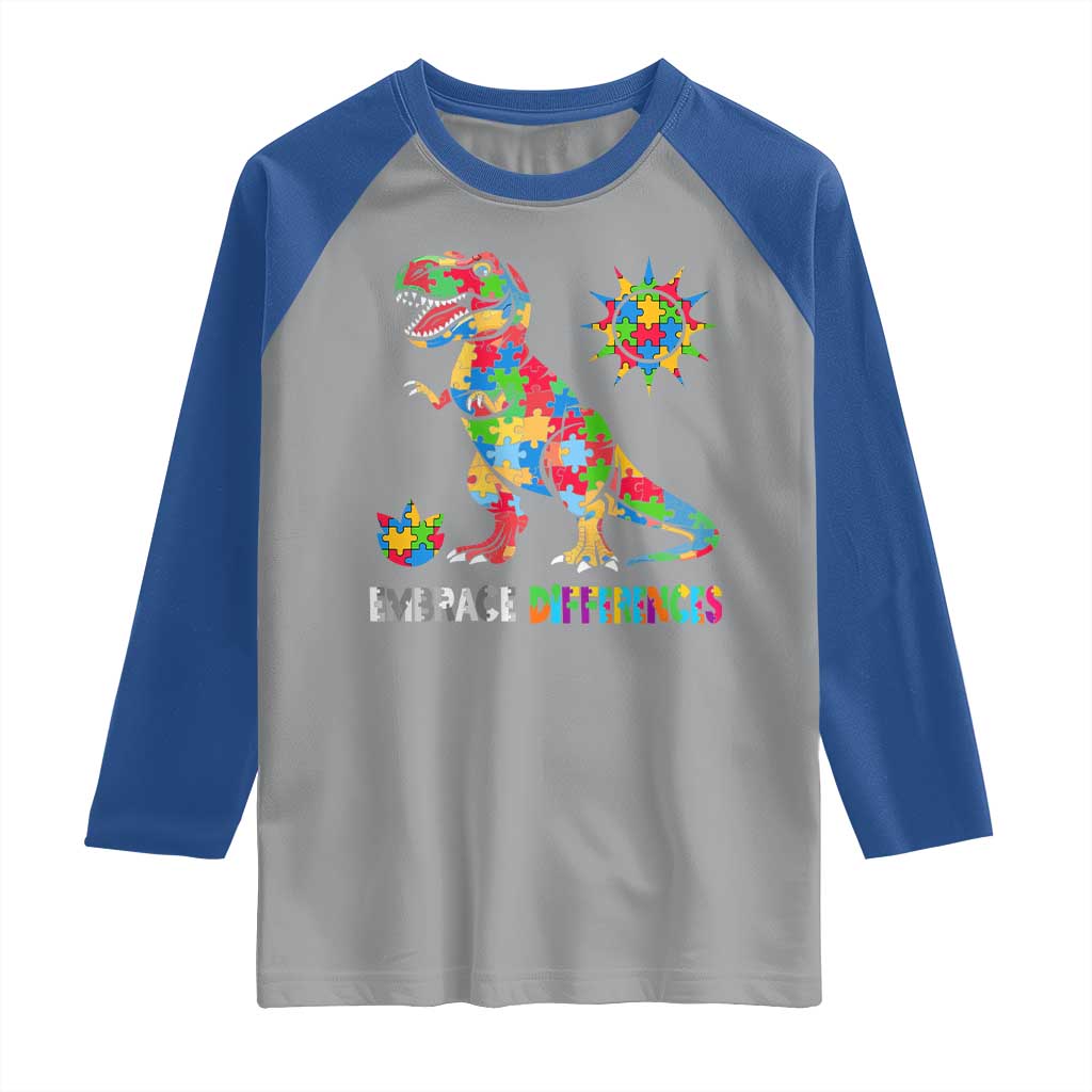 Funny Autism Awareness Embrace Differences Raglan Shirt Puzzle Dinosaur