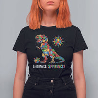 Funny Autism Awareness Embrace Differences T Shirt For Women Puzzle Dinosaur