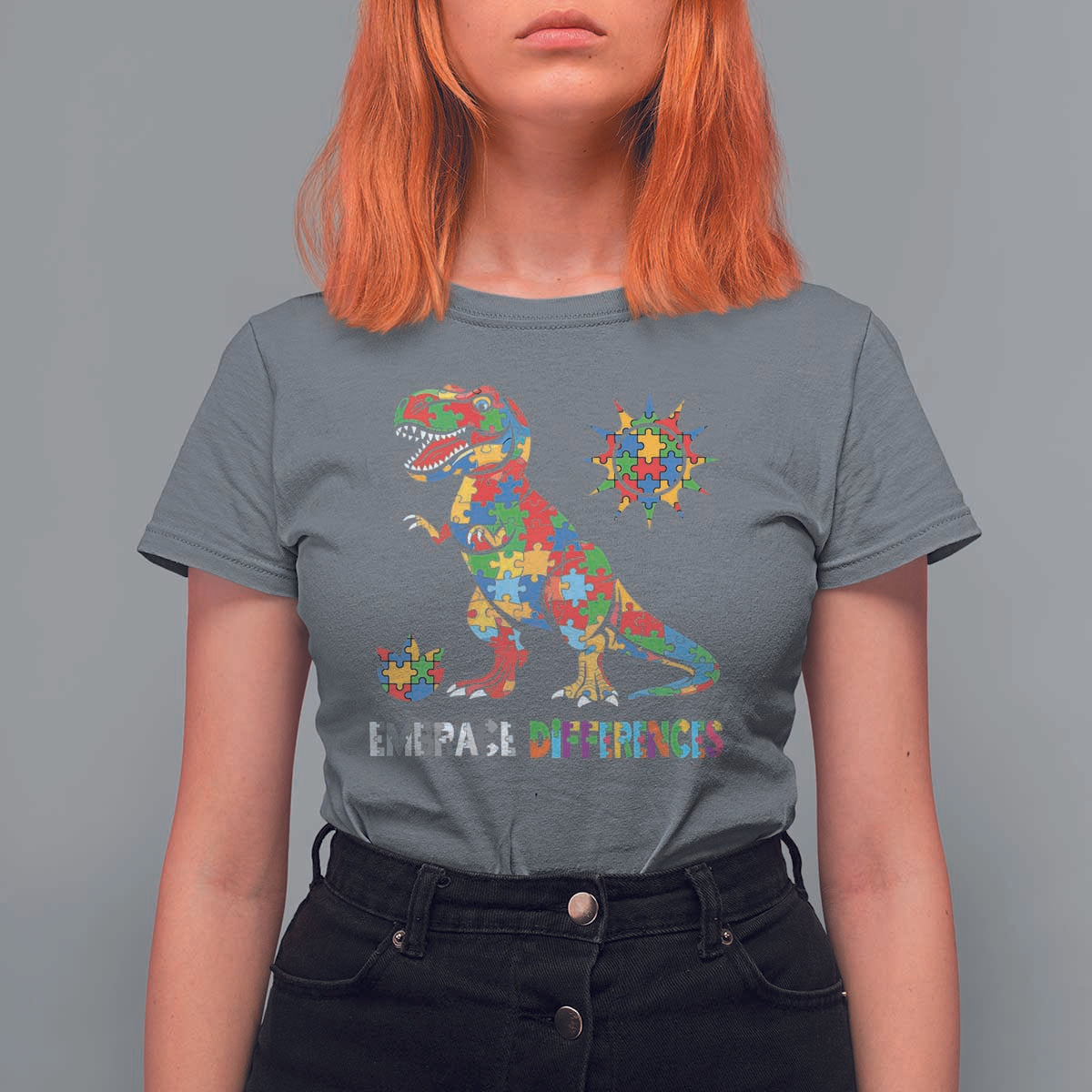 Funny Autism Awareness Embrace Differences T Shirt For Women Puzzle Dinosaur