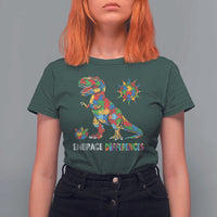 Funny Autism Awareness Embrace Differences T Shirt For Women Puzzle Dinosaur