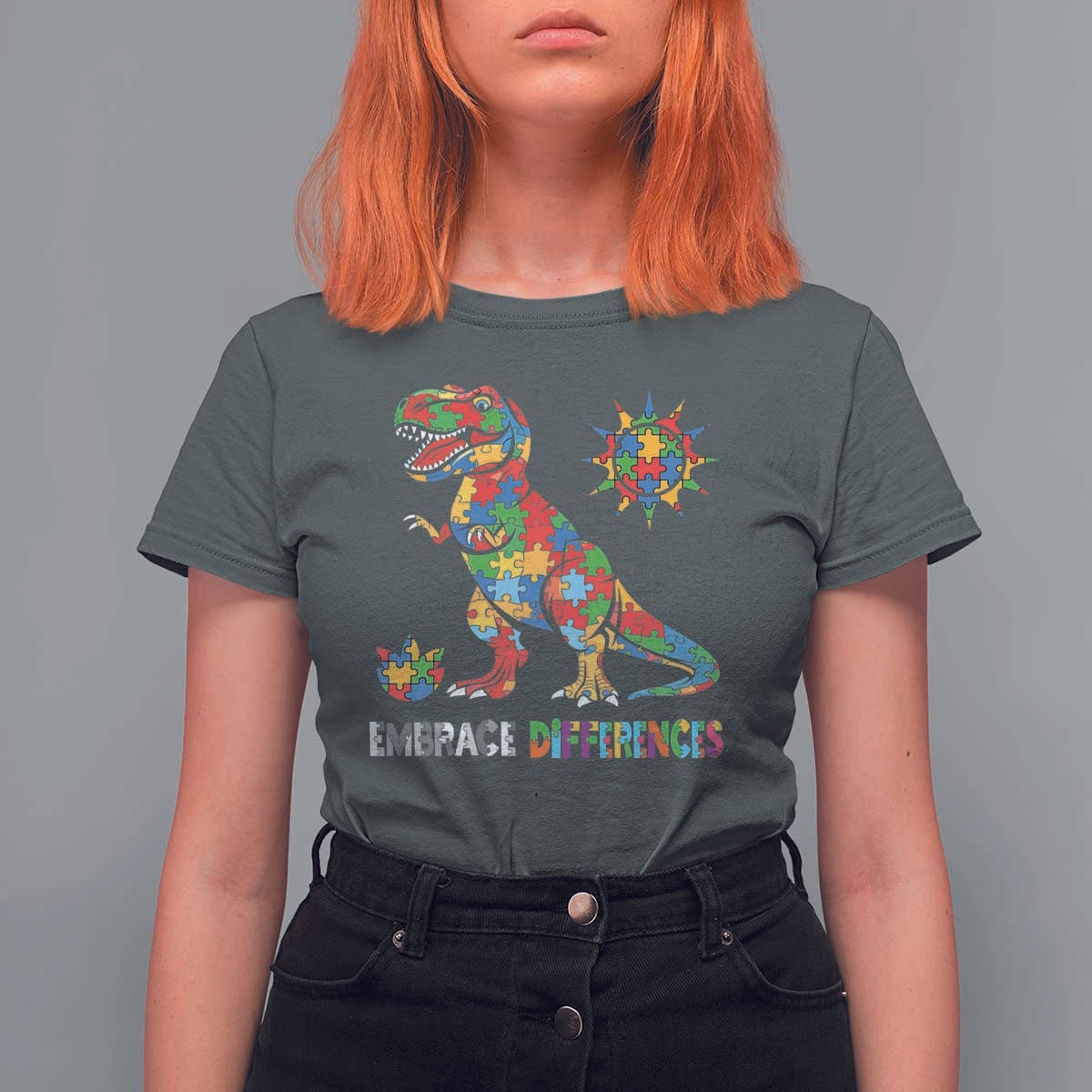 Funny Autism Awareness Embrace Differences T Shirt For Women Puzzle Dinosaur