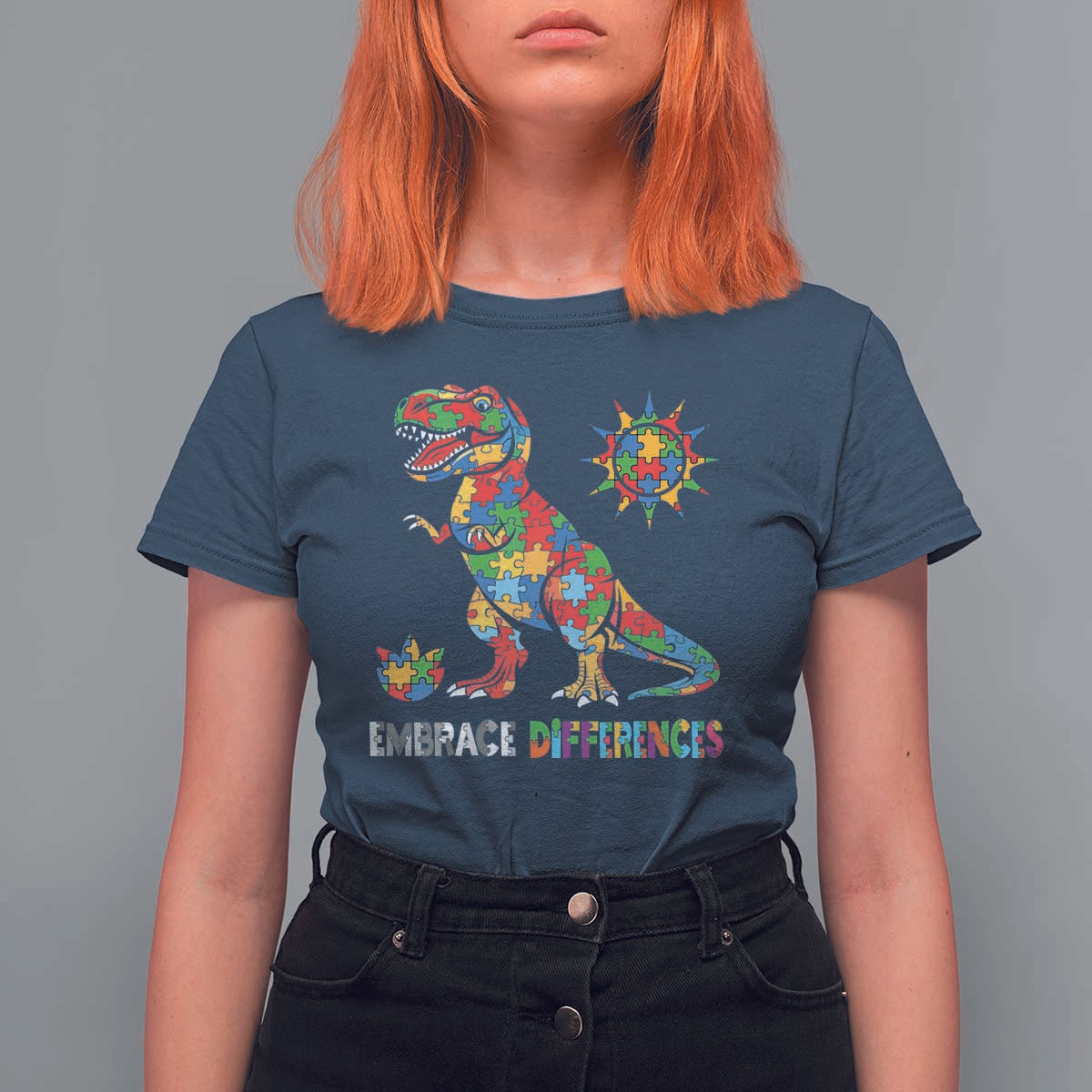 Funny Autism Awareness Embrace Differences T Shirt For Women Puzzle Dinosaur