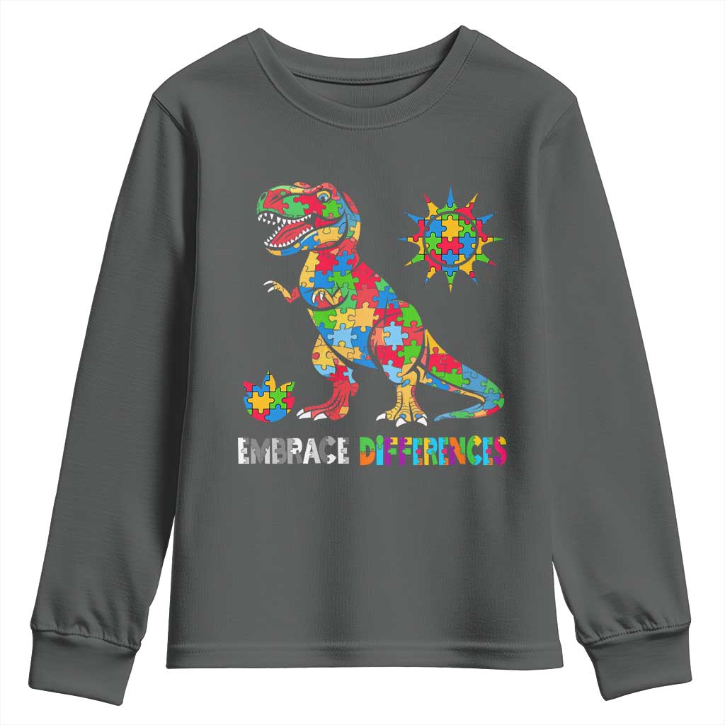 Funny Autism Awareness Embrace Differences Youth Sweatshirt Puzzle Dinosaur