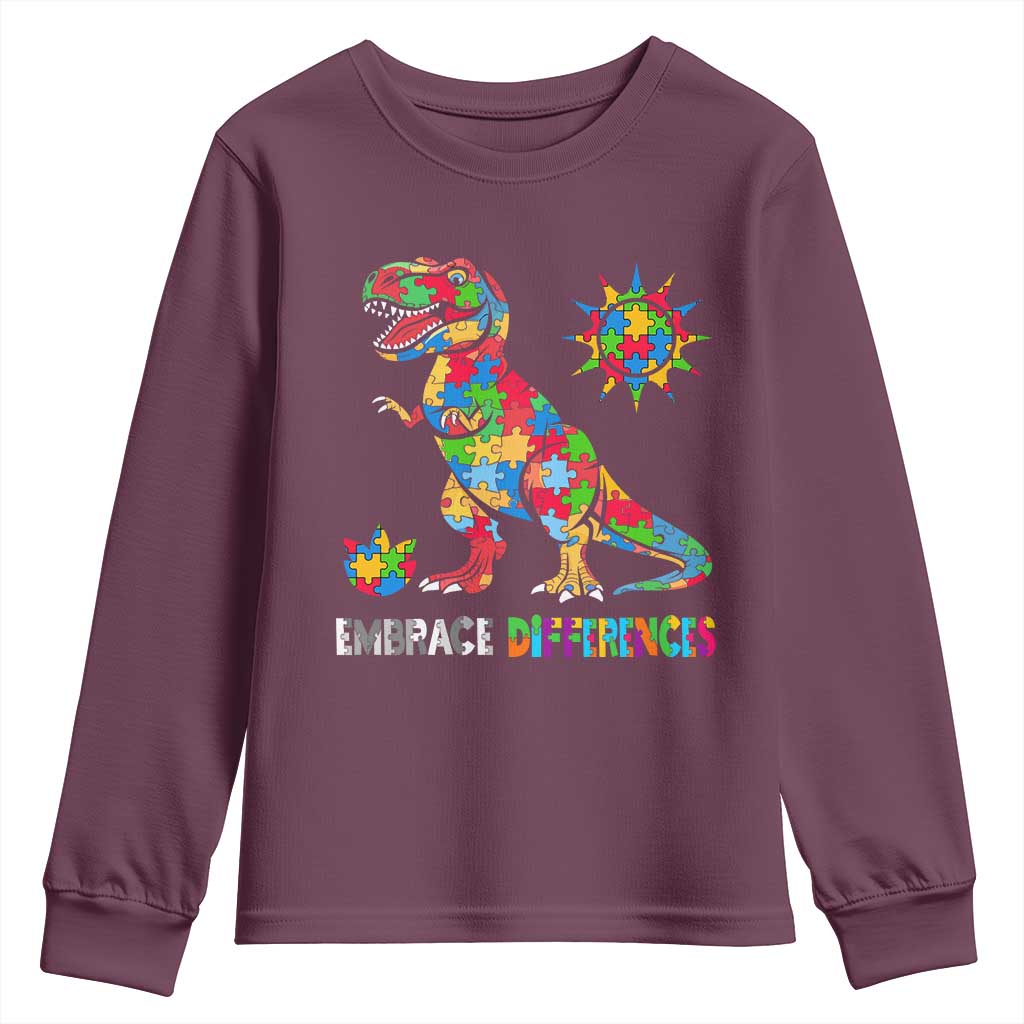 Funny Autism Awareness Embrace Differences Youth Sweatshirt Puzzle Dinosaur