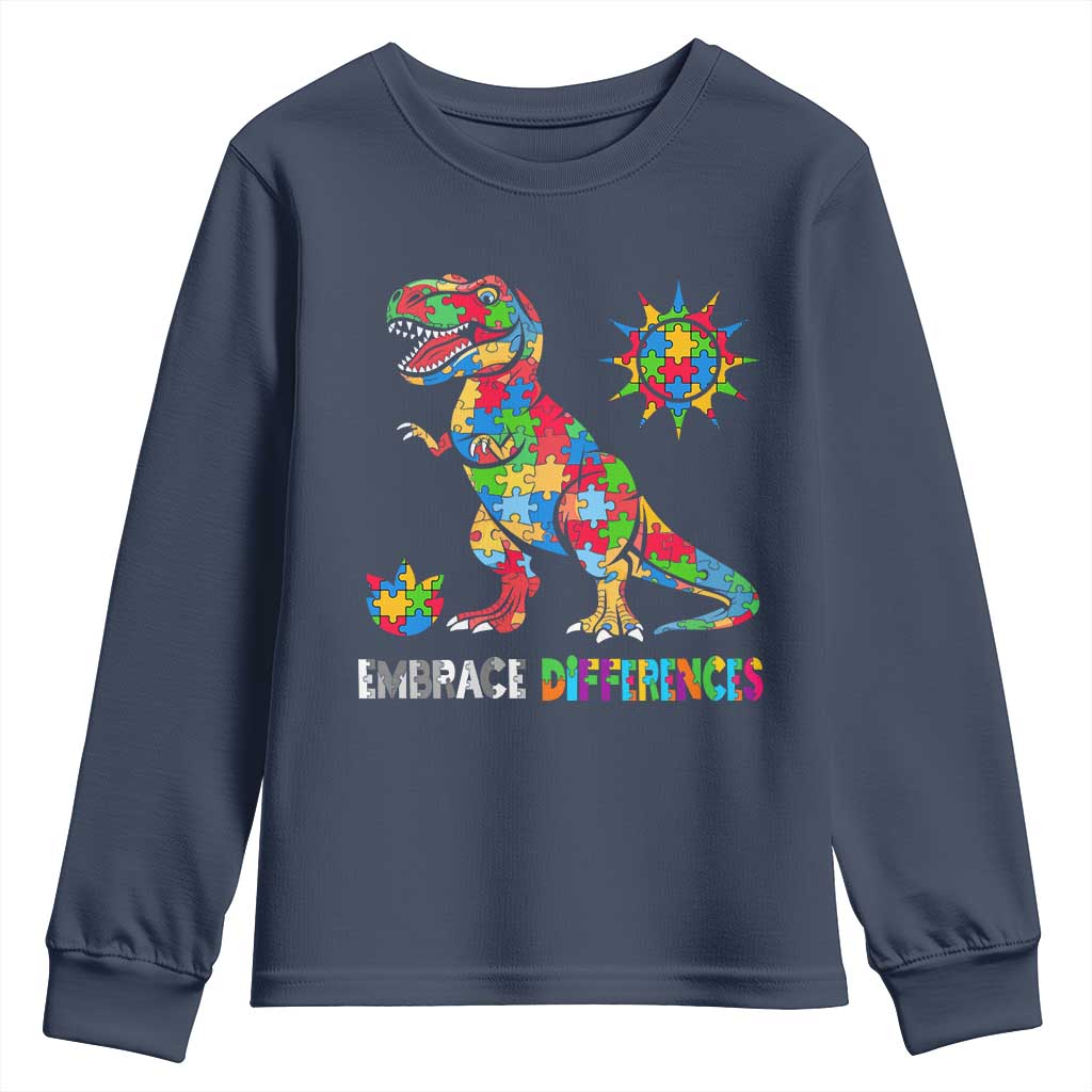 Funny Autism Awareness Embrace Differences Youth Sweatshirt Puzzle Dinosaur