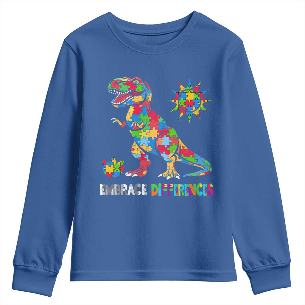 Funny Autism Awareness Embrace Differences Youth Sweatshirt Puzzle Dinosaur