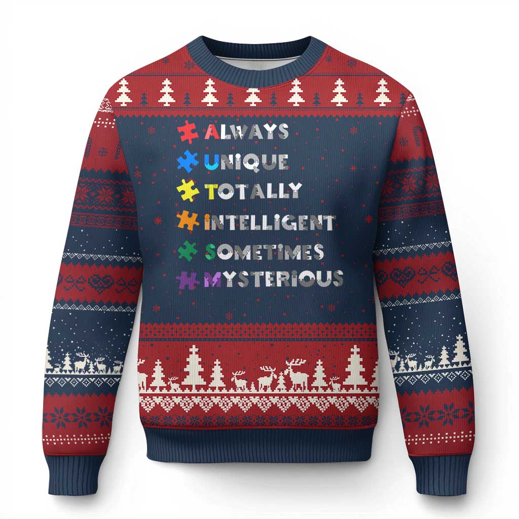 Funny Autism Awareness Ugly Christmas Sweater Always Unique Totally Intelligent Sometimes Mysterious