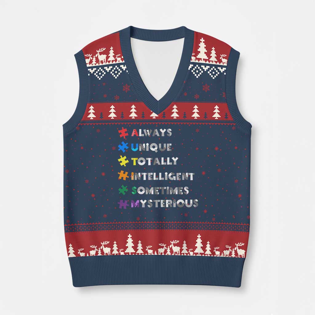 Funny Autism Awareness V-Neck Knit Sweater Vest Always Unique Totally Intelligent Sometimes Mysterious