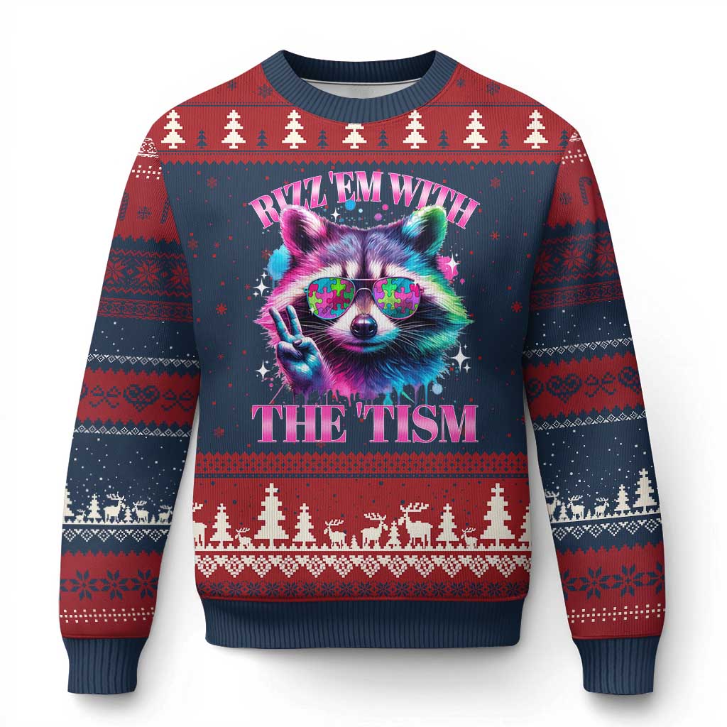 Funny Autism Awareness Racoon Ugly Christmas Sweater Rizz Em With The Tism Meme Autistic
