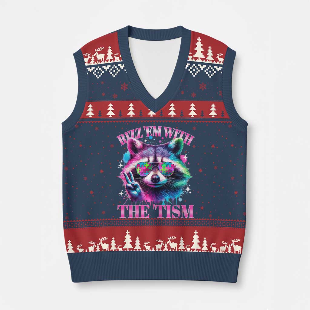 Funny Autism Awareness Racoon V-Neck Knit Sweater Vest Rizz Em With The Tism Meme Autistic