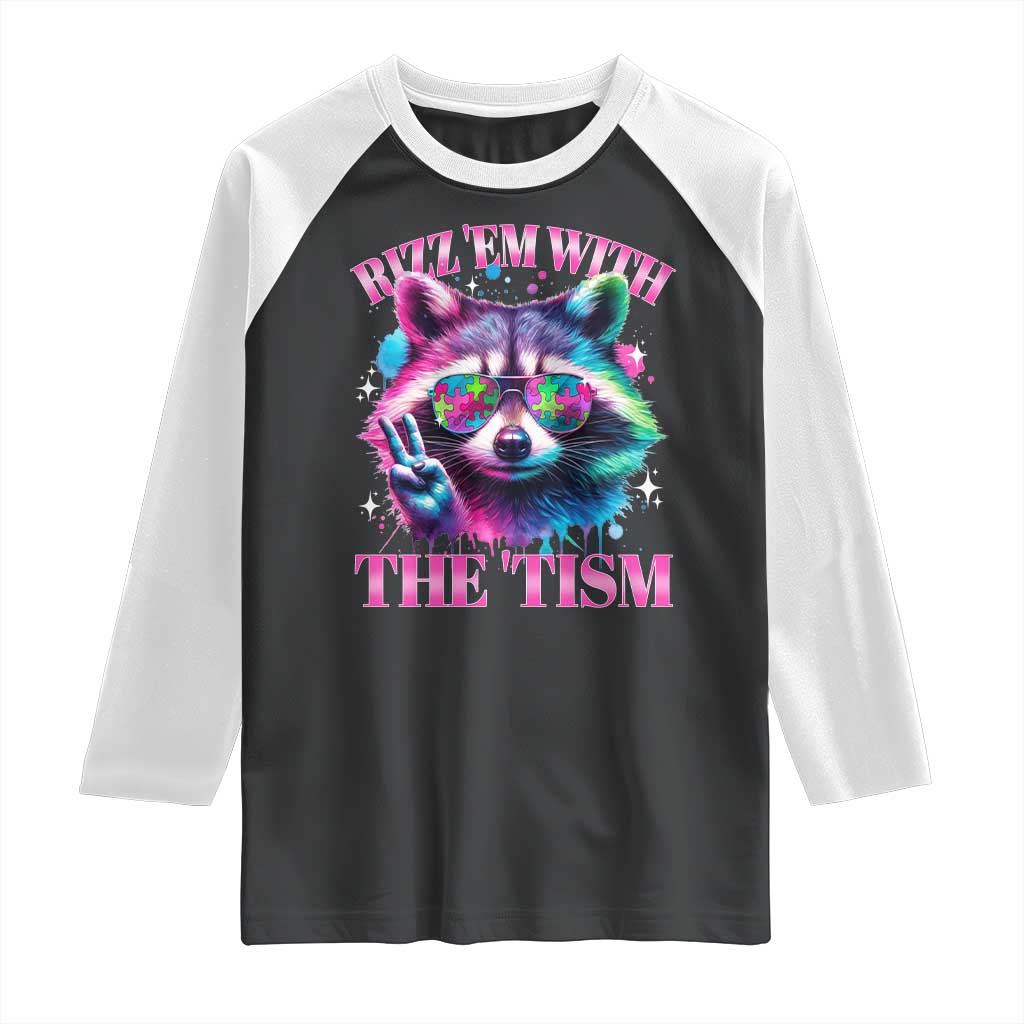 Funny Autism Awareness Racoon Raglan Shirt Rizz Em With The Tism Meme Autistic