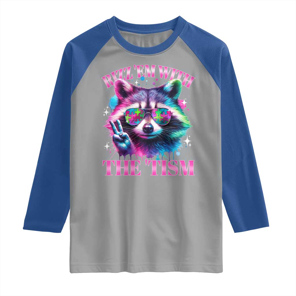 Funny Autism Awareness Racoon Raglan Shirt Rizz Em With The Tism Meme Autistic