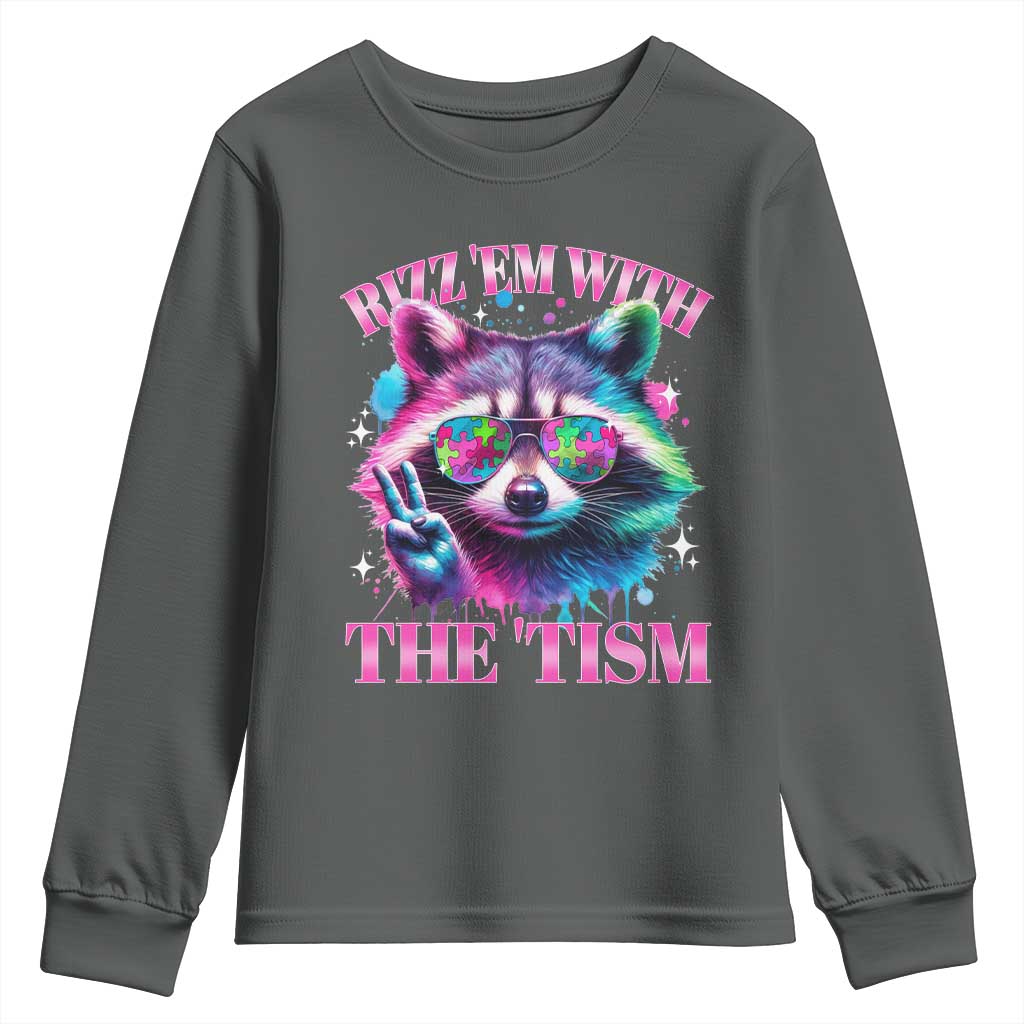 Funny Autism Awareness Racoon Youth Sweatshirt Rizz Em With The Tism Meme Autistic