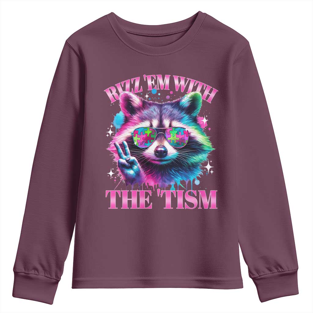 Funny Autism Awareness Racoon Youth Sweatshirt Rizz Em With The Tism Meme Autistic