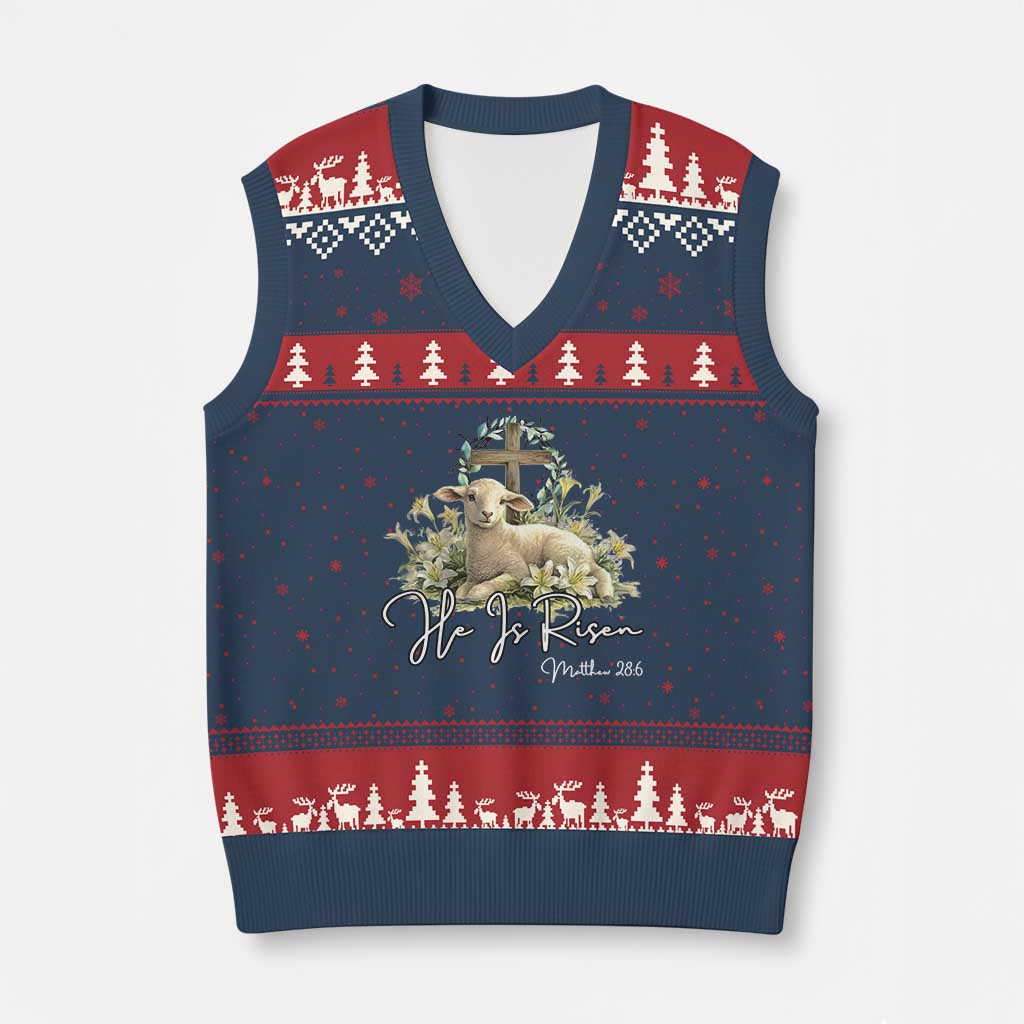 He Is Risen V-Neck Knit Sweater Vest Christian Religious Easter Day Bible Verse Sheep - Wonder Print Shop