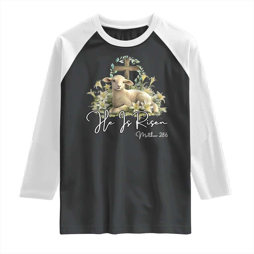 He Is Risen Raglan Shirt Christian Religious Easter Day Bible Verse Sheep
