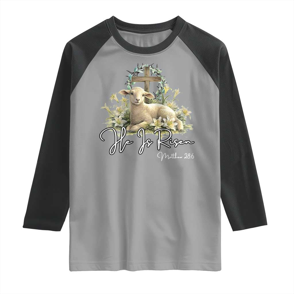 He Is Risen Raglan Shirt Christian Religious Easter Day Bible Verse Sheep