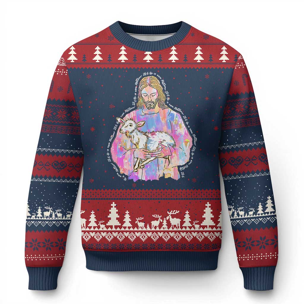 He Is Risen Ugly Christmas Sweater Christian Religious Easter Day Bible Verse Sheep Glitter Print - Wonder Print Shop