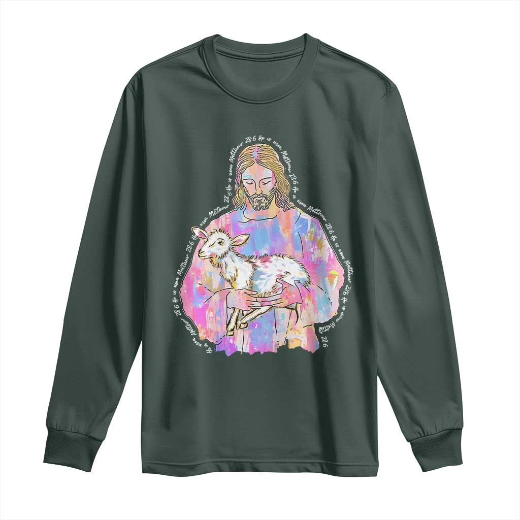 He Is Risen Long Sleeve Shirt Christian Religious Easter Day Bible Verse Sheep Glitter Print