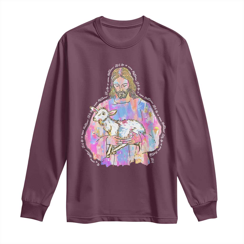 He Is Risen Long Sleeve Shirt Christian Religious Easter Day Bible Verse Sheep Glitter Print