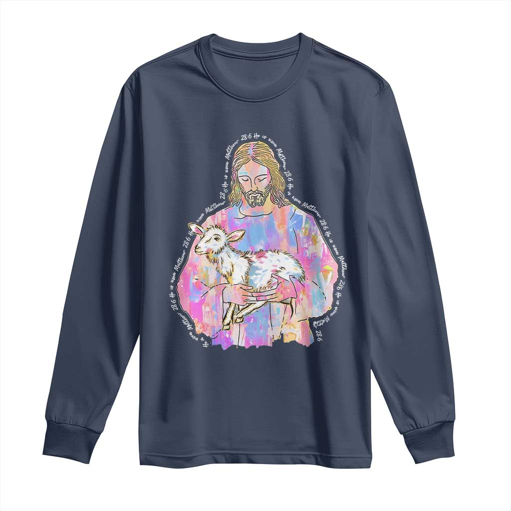 He Is Risen Long Sleeve Shirt Christian Religious Easter Day Bible Verse Sheep Glitter Print
