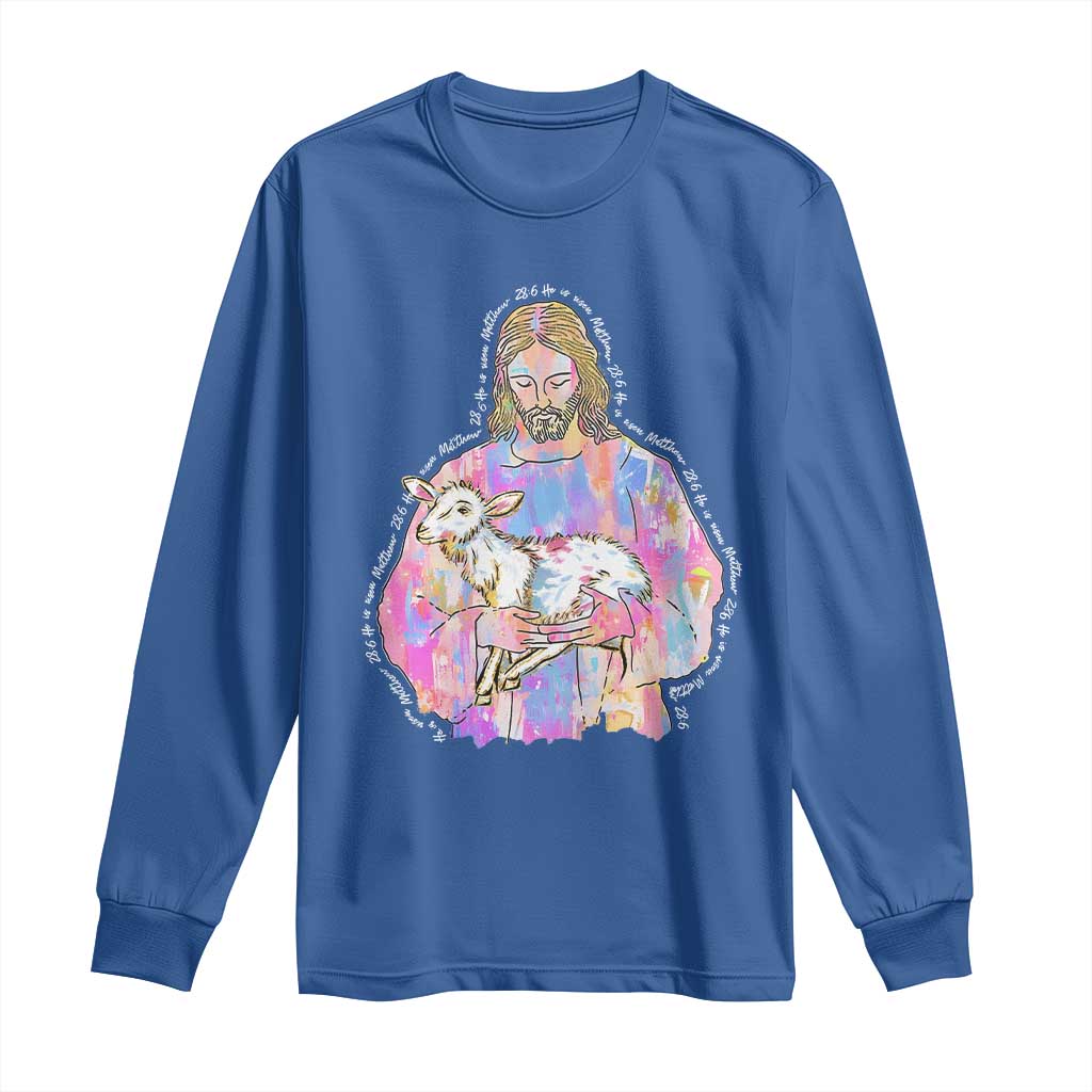 He Is Risen Long Sleeve Shirt Christian Religious Easter Day Bible Verse Sheep Glitter Print