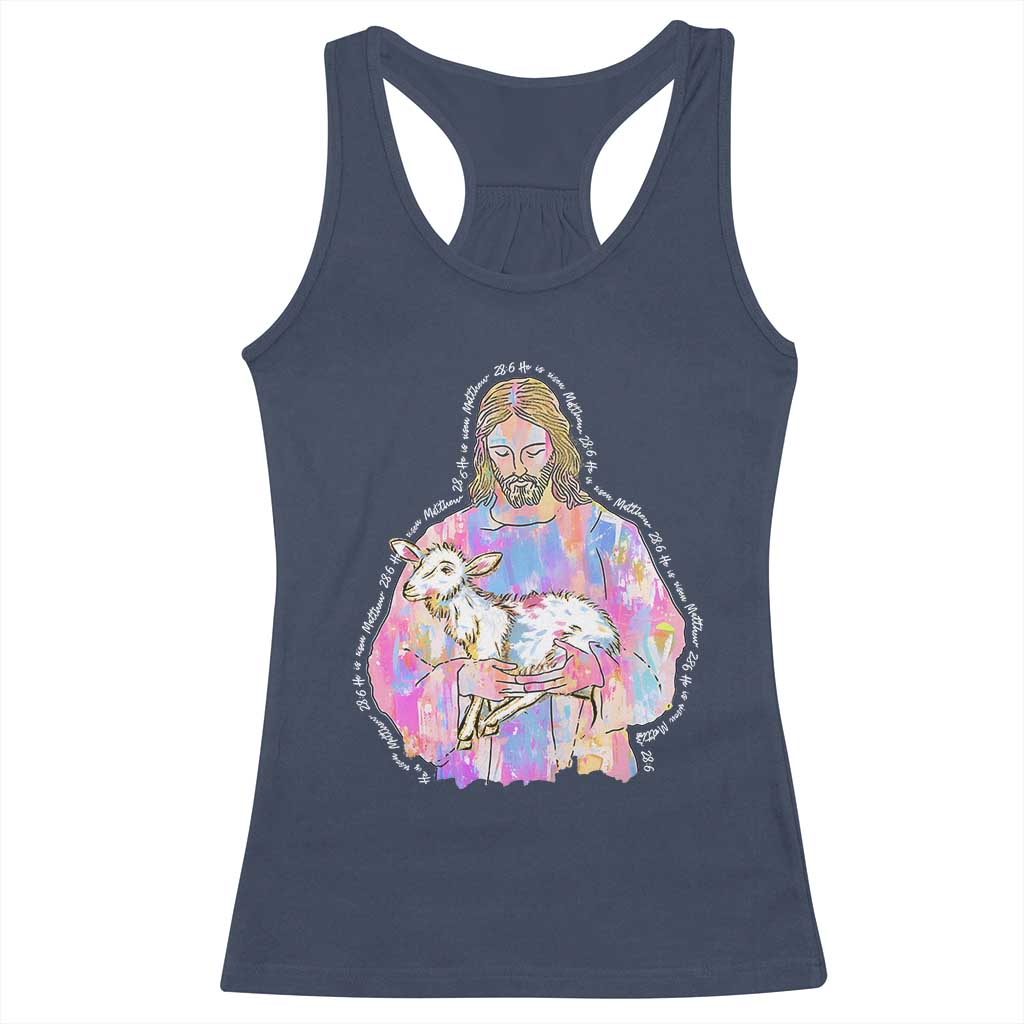 He Is Risen Racerback Tank Top Christian Religious Easter Day Bible Verse Sheep Glitter Print