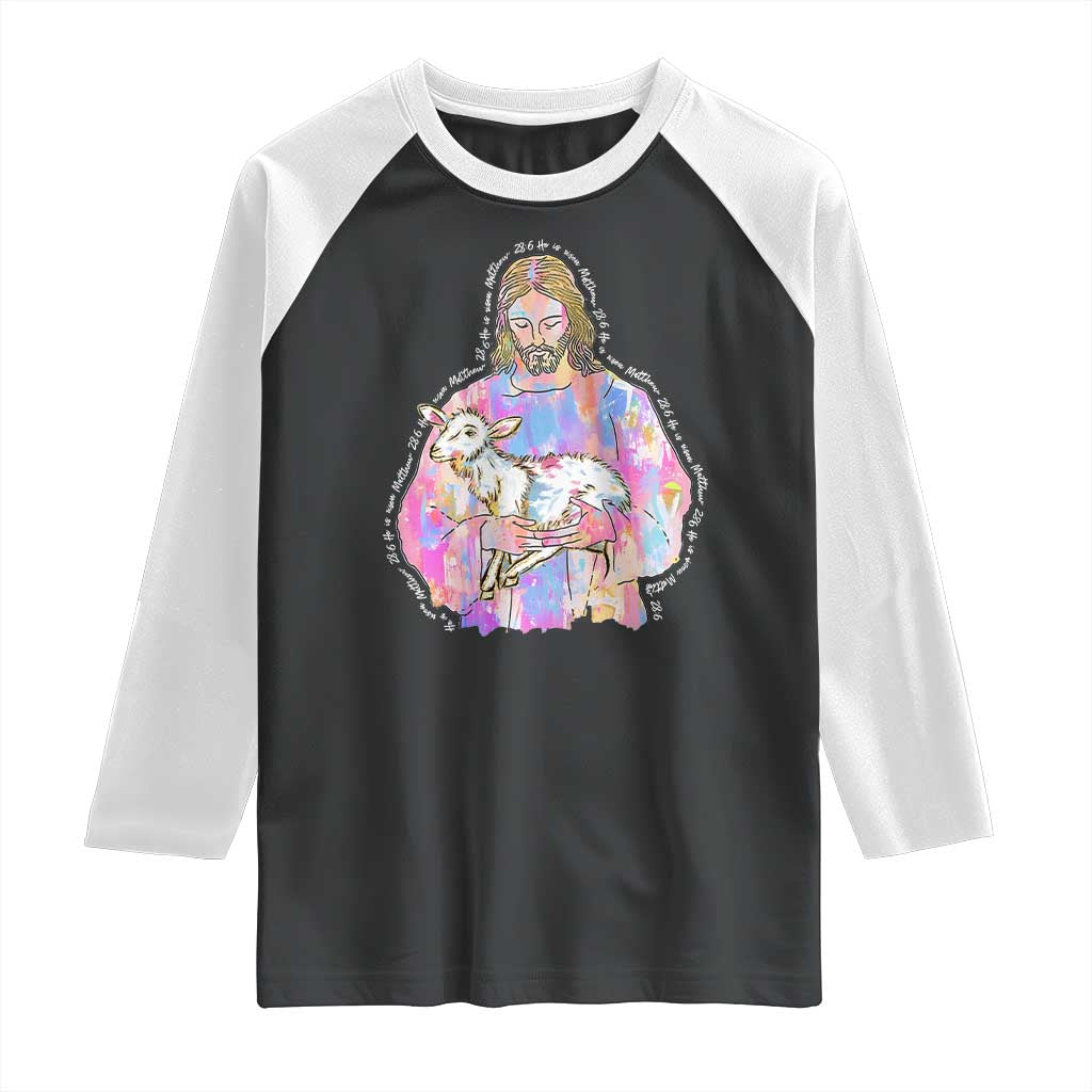 He Is Risen Raglan Shirt Christian Religious Easter Day Bible Verse Sheep Glitter Print