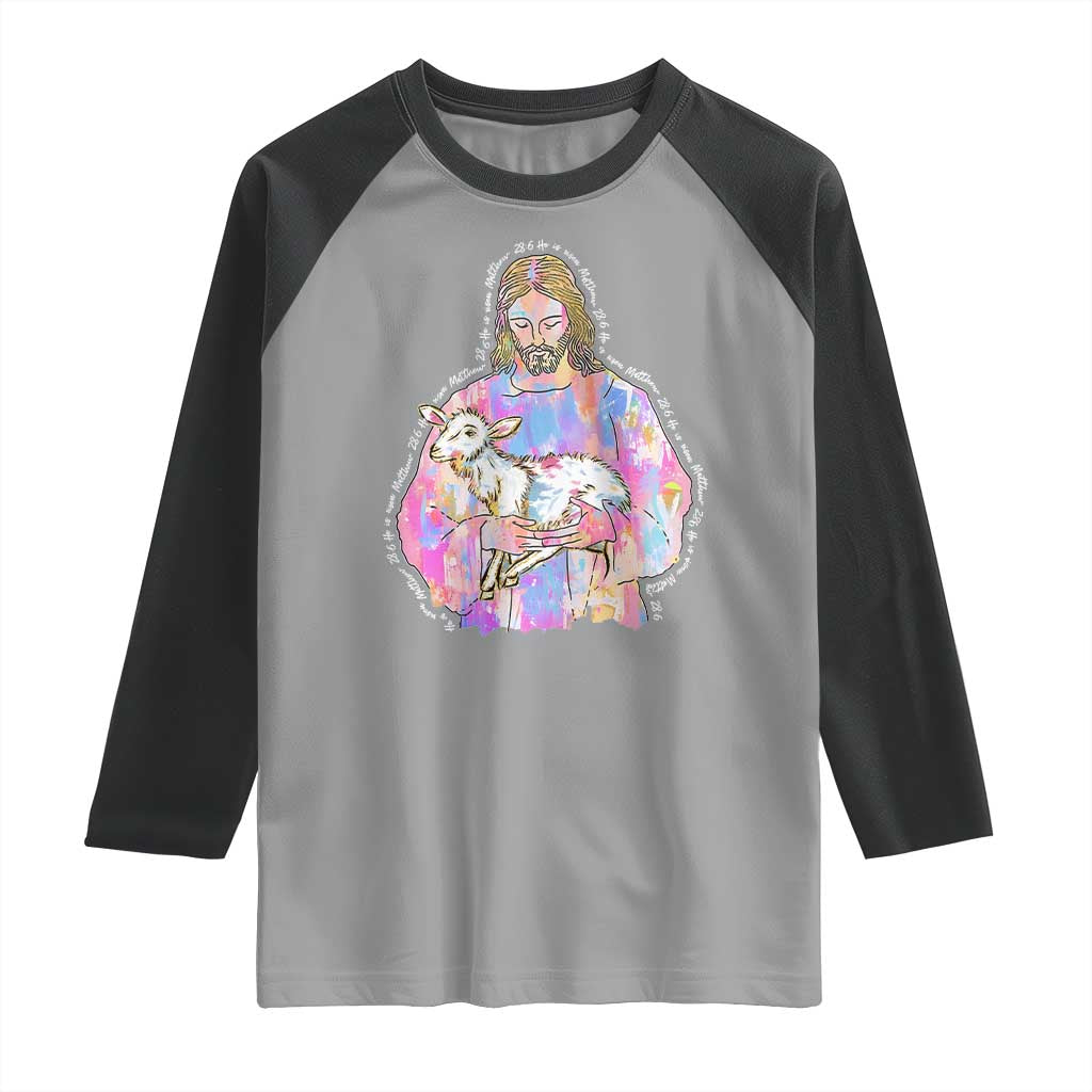 He Is Risen Raglan Shirt Christian Religious Easter Day Bible Verse Sheep Glitter Print