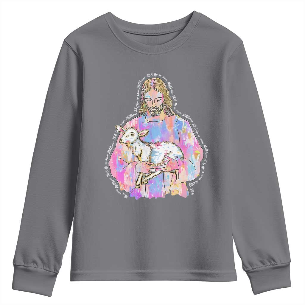 He Is Risen Youth Sweatshirt Christian Religious Easter Day Bible Verse Sheep Glitter Print