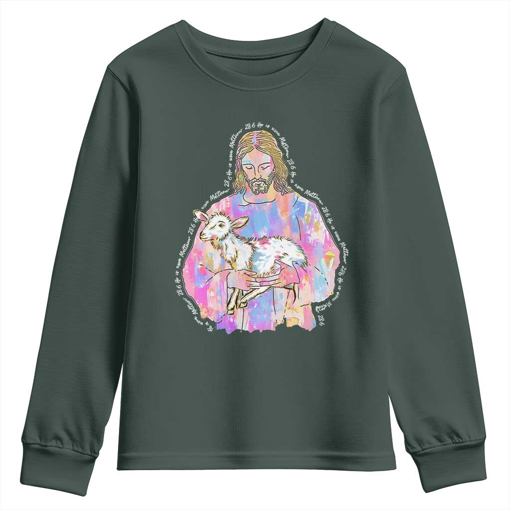 He Is Risen Youth Sweatshirt Christian Religious Easter Day Bible Verse Sheep Glitter Print