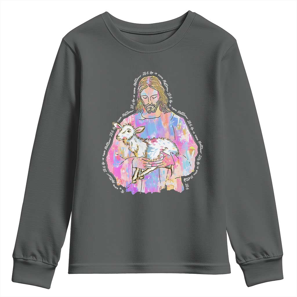 He Is Risen Youth Sweatshirt Christian Religious Easter Day Bible Verse Sheep Glitter Print
