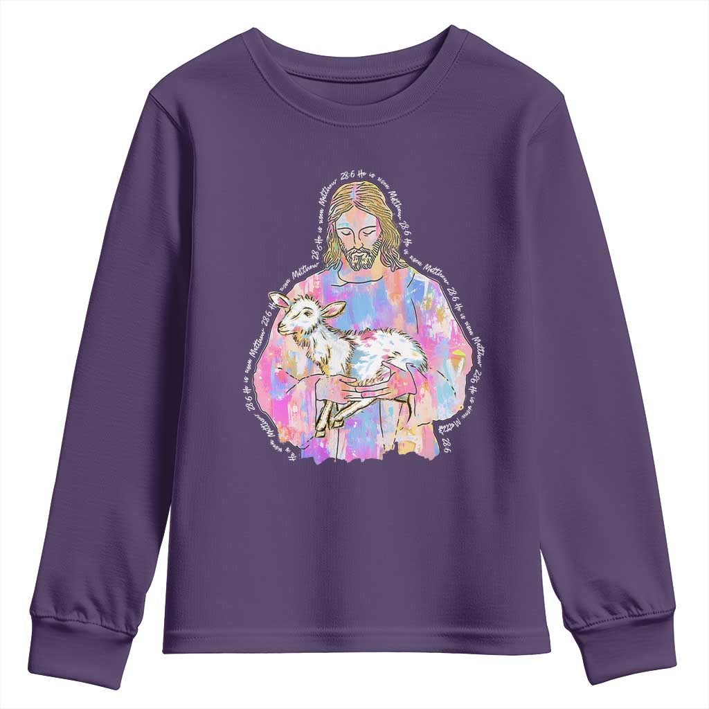 He Is Risen Youth Sweatshirt Christian Religious Easter Day Bible Verse Sheep Glitter Print