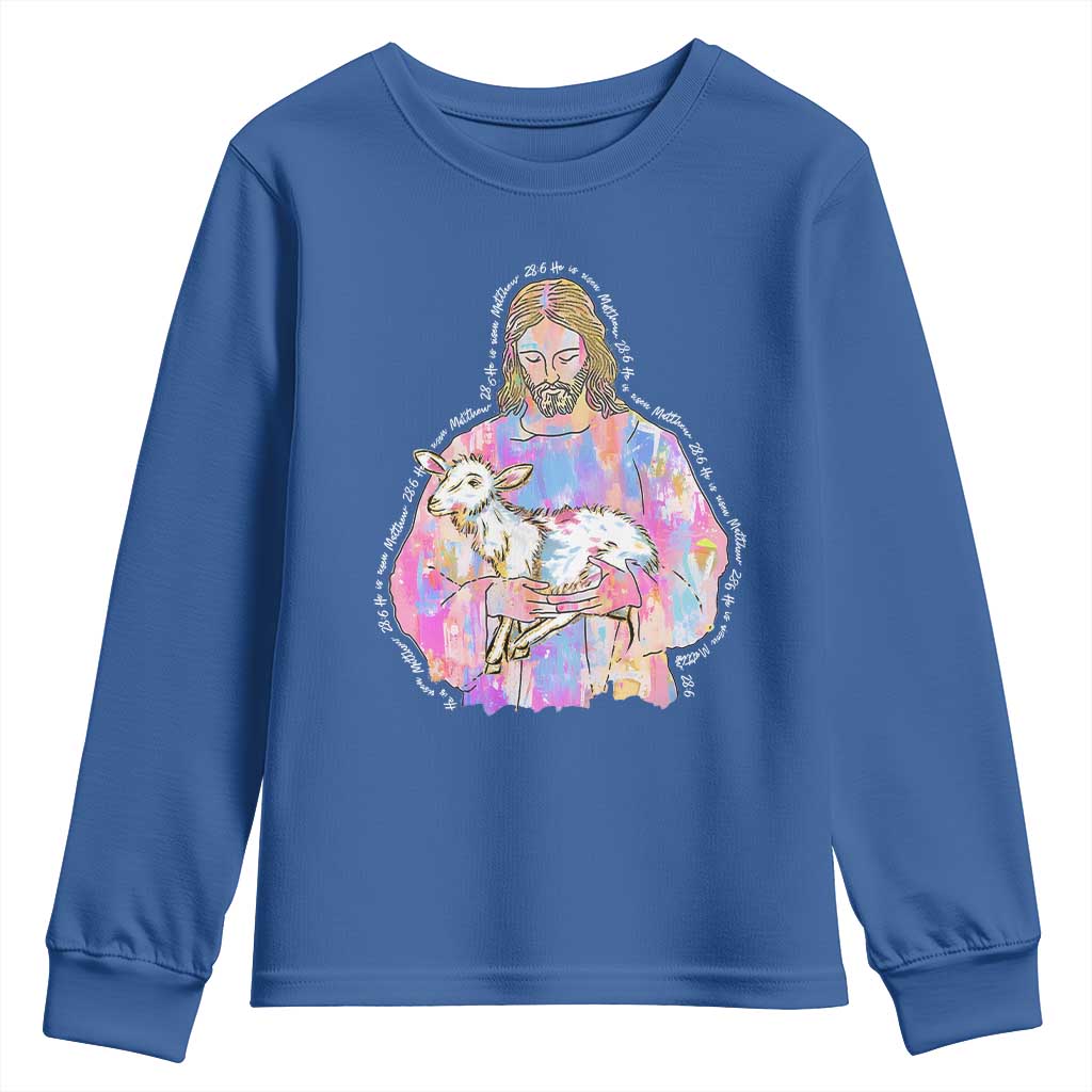 He Is Risen Youth Sweatshirt Christian Religious Easter Day Bible Verse Sheep Glitter Print