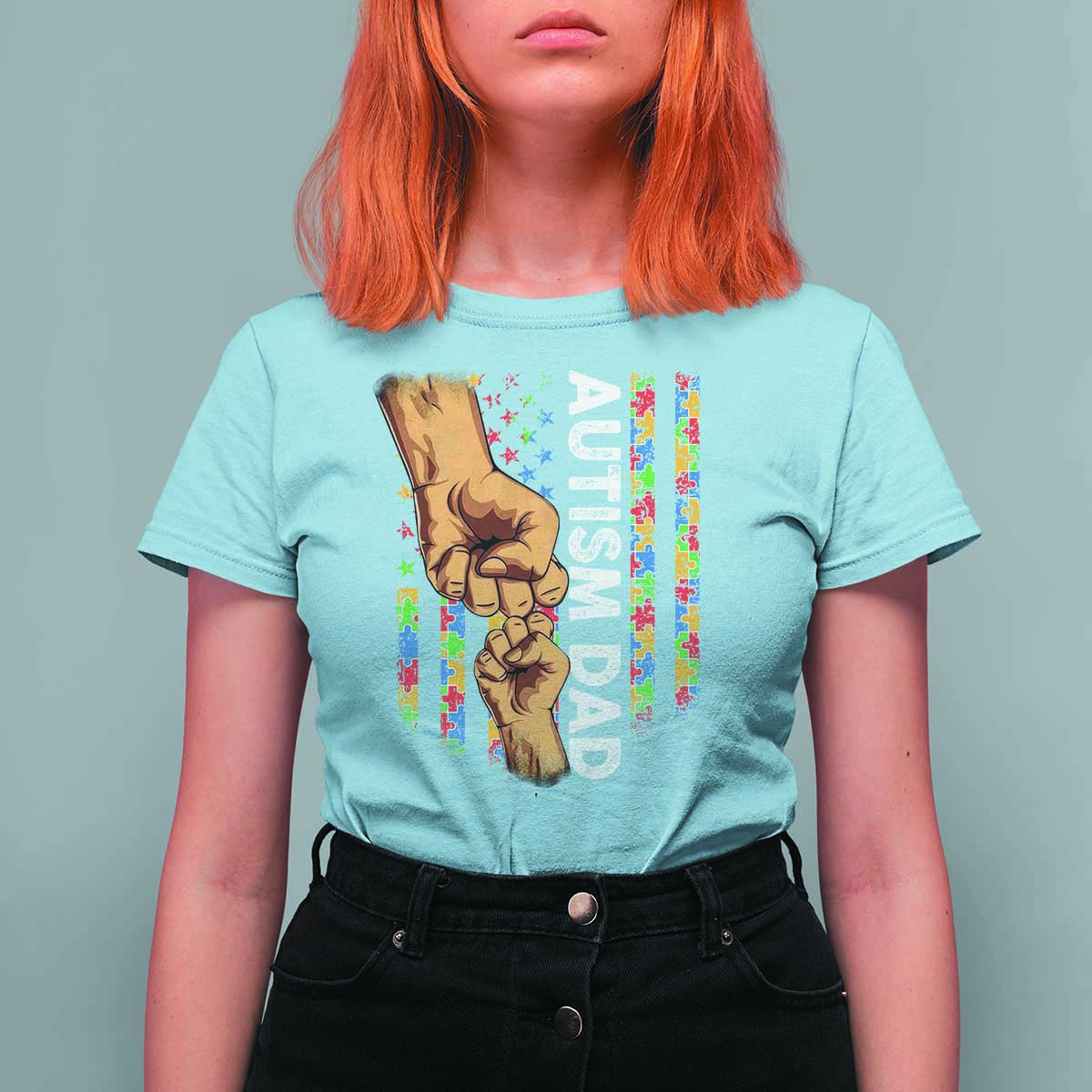 Autism Dad Awareness American Flag Fist Bump T Shirt For Women