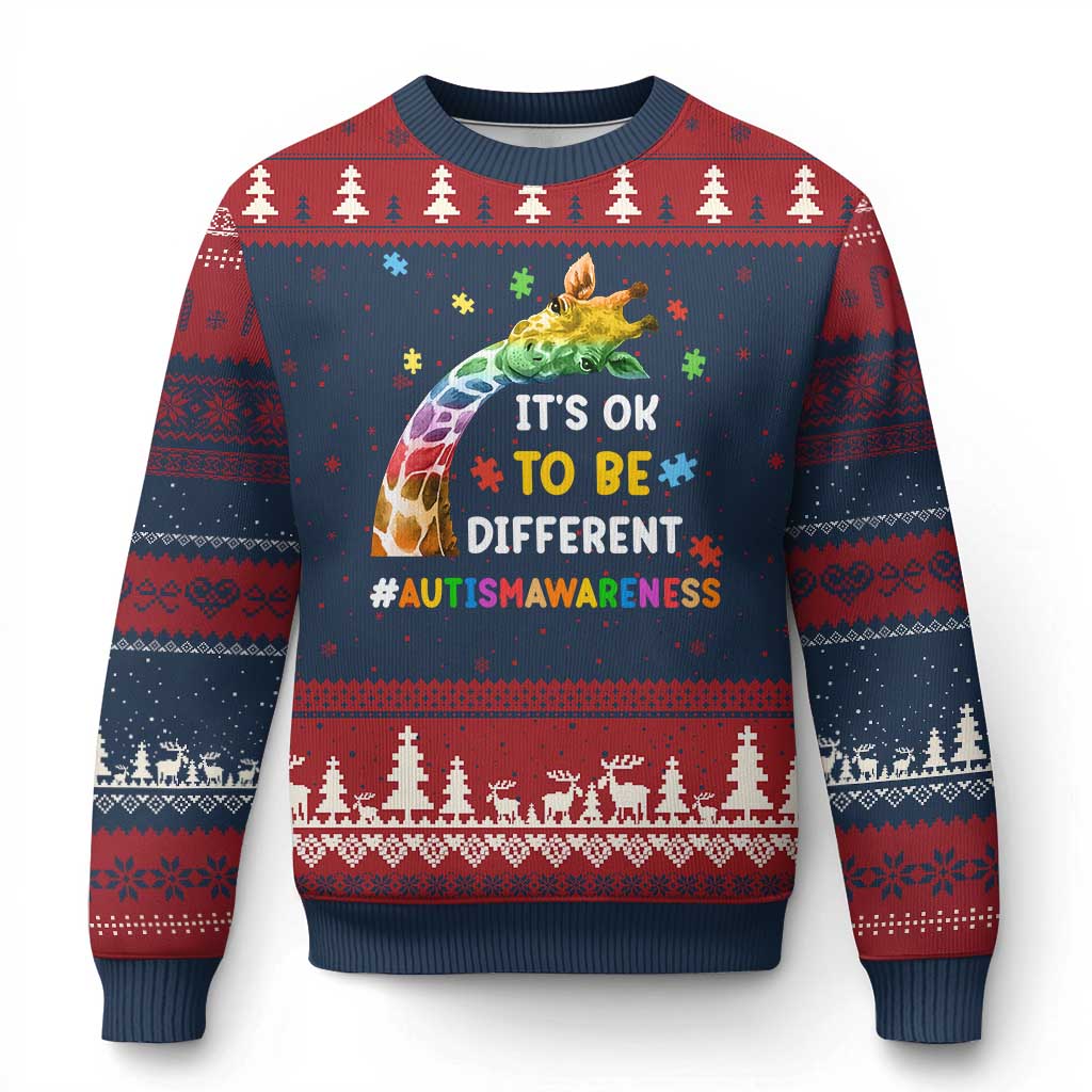 It's Ok To Be Different Autism Awareness Ugly Christmas Sweater Rainbow Giraffe Puzzle