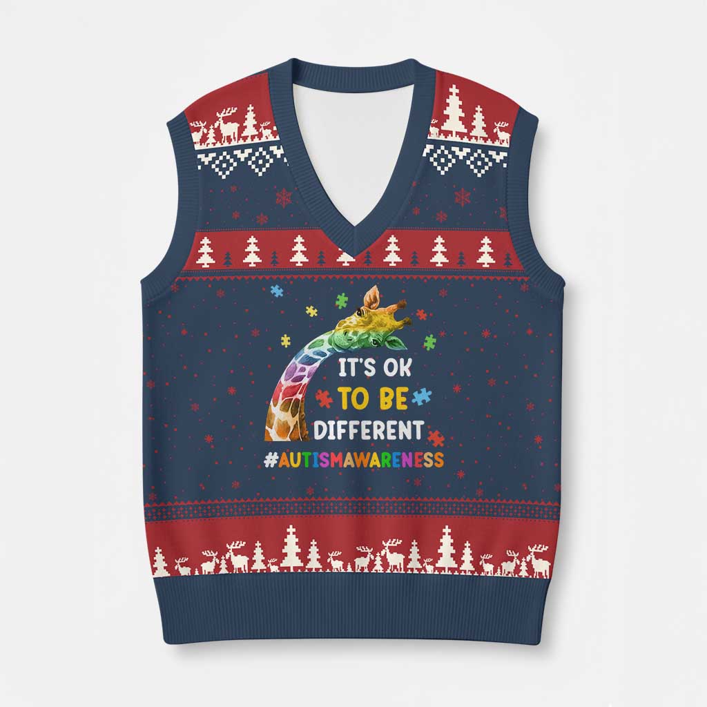 It's Ok To Be Different Autism Awareness V-Neck Knit Sweater Vest Rainbow Giraffe Puzzle