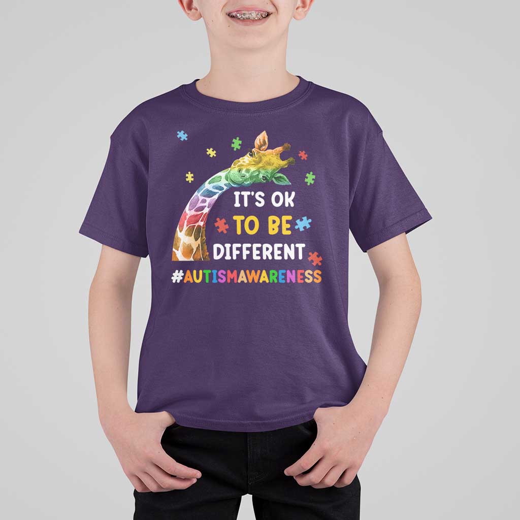 It's Ok To Be Different Autism Awareness T Shirt For Kid Rainbow Giraffe Puzzle