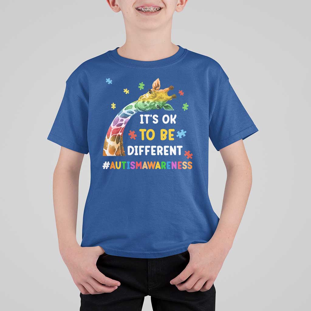 It's Ok To Be Different Autism Awareness T Shirt For Kid Rainbow Giraffe Puzzle