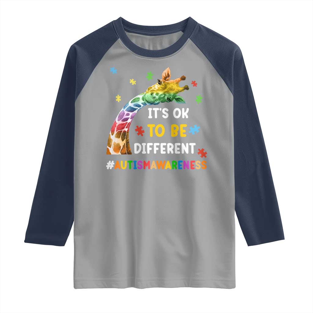 It's Ok To Be Different Autism Awareness Raglan Shirt Rainbow Giraffe Puzzle