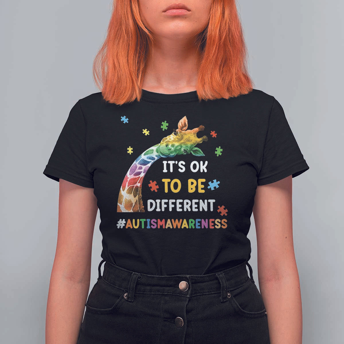 It's Ok To Be Different Autism Awareness T Shirt For Women Rainbow Giraffe Puzzle