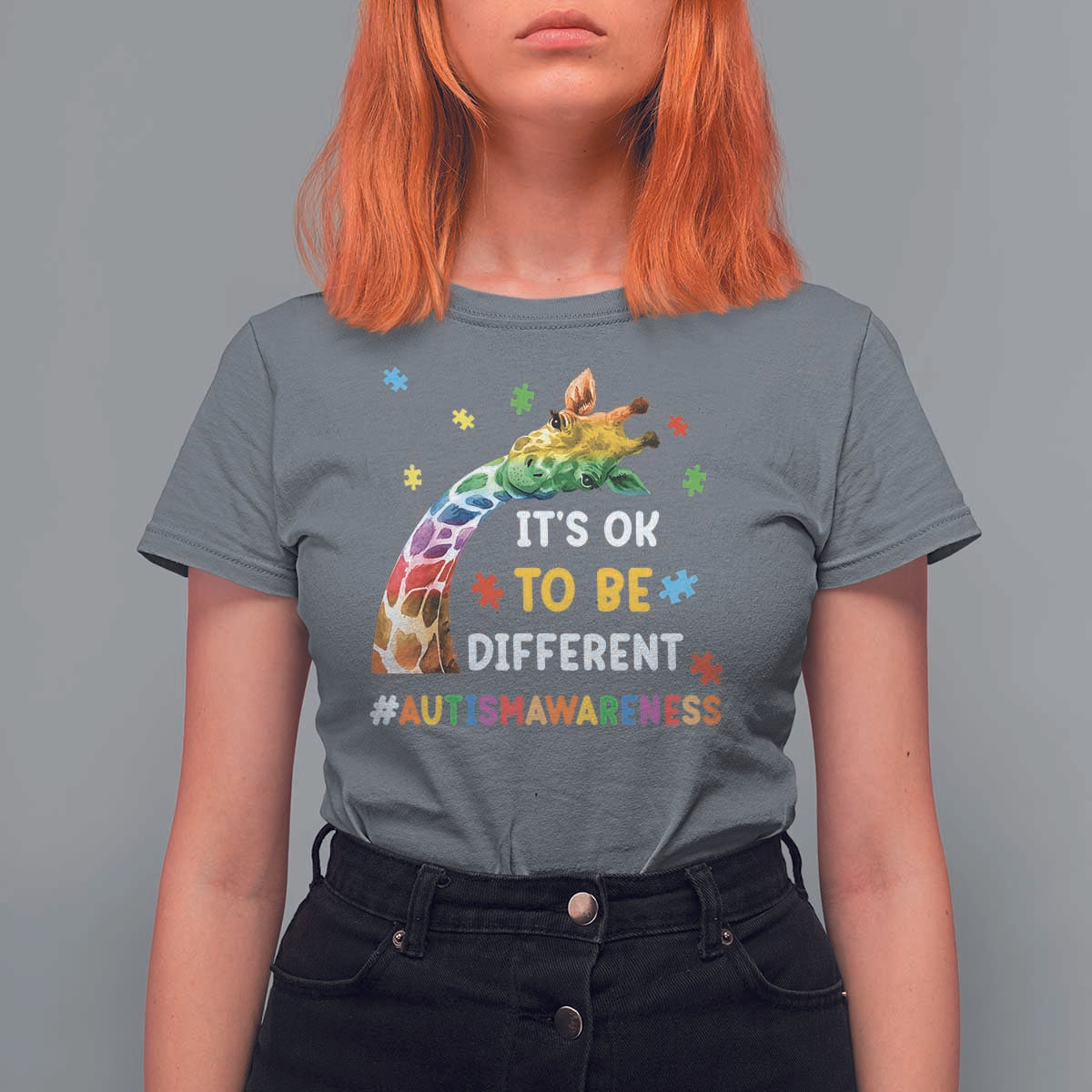 It's Ok To Be Different Autism Awareness T Shirt For Women Rainbow Giraffe Puzzle