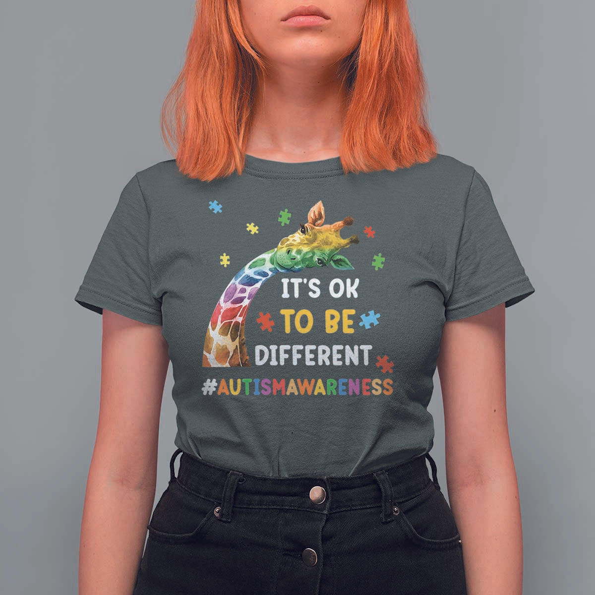 It's Ok To Be Different Autism Awareness T Shirt For Women Rainbow Giraffe Puzzle