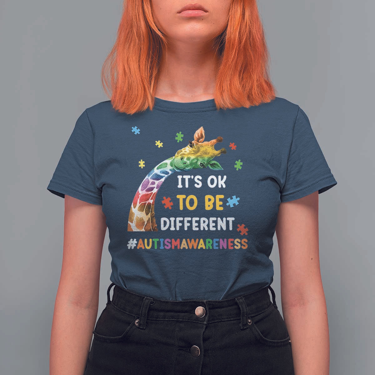 It's Ok To Be Different Autism Awareness T Shirt For Women Rainbow Giraffe Puzzle