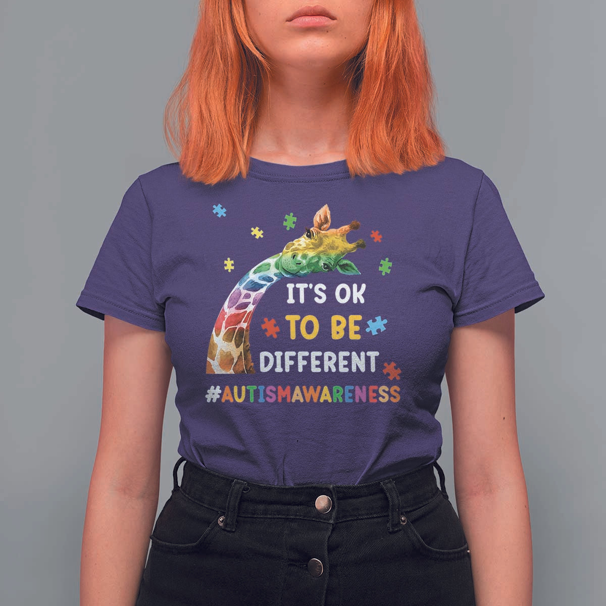 It's Ok To Be Different Autism Awareness T Shirt For Women Rainbow Giraffe Puzzle