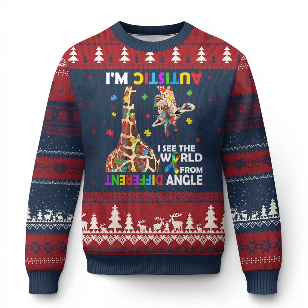 Funny I'm Autistic I See The World Form Different Angle Ugly Christmas Sweater Puzzle Giraffe