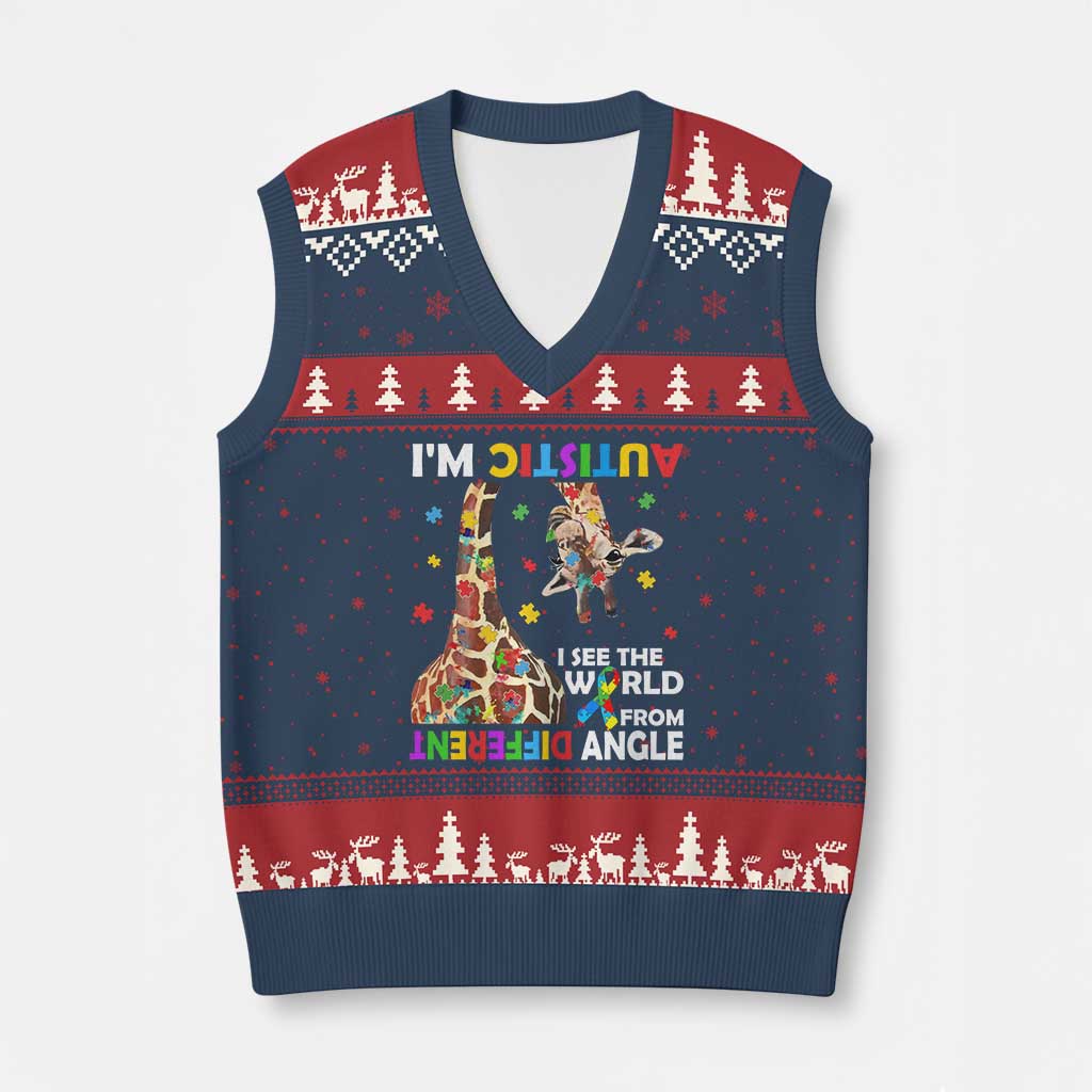 Funny I'm Autistic I See The World Form Different Angle V-Neck Knit Sweater Vest Puzzle Giraffe