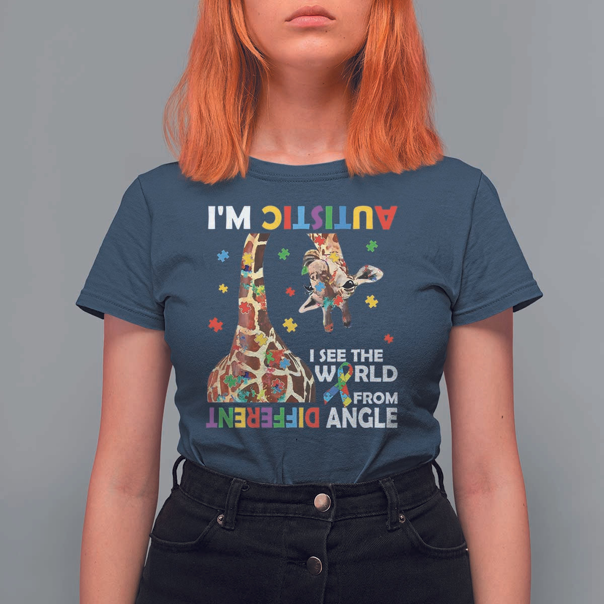 Funny I'm Autistic I See The World Form Different Angle T Shirt For Women Puzzle Giraffe
