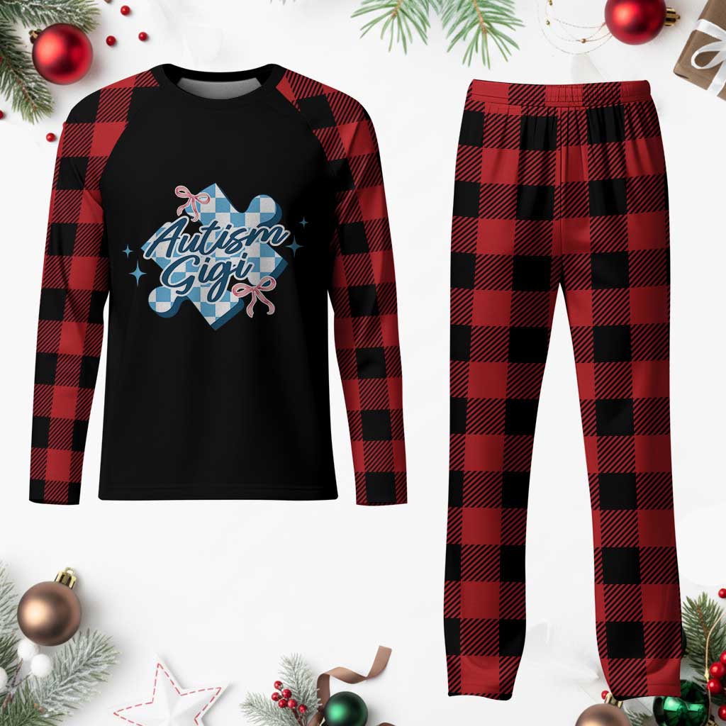 Autism Gigi Coquette Puzzle Piece Pink Bow Plaid Pajama Set